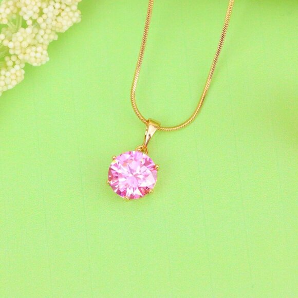 "Brilliant Round Pink Stone Rose Gold Pendant Sparkling Charm, XPPT1599 - Picture 13 of 13